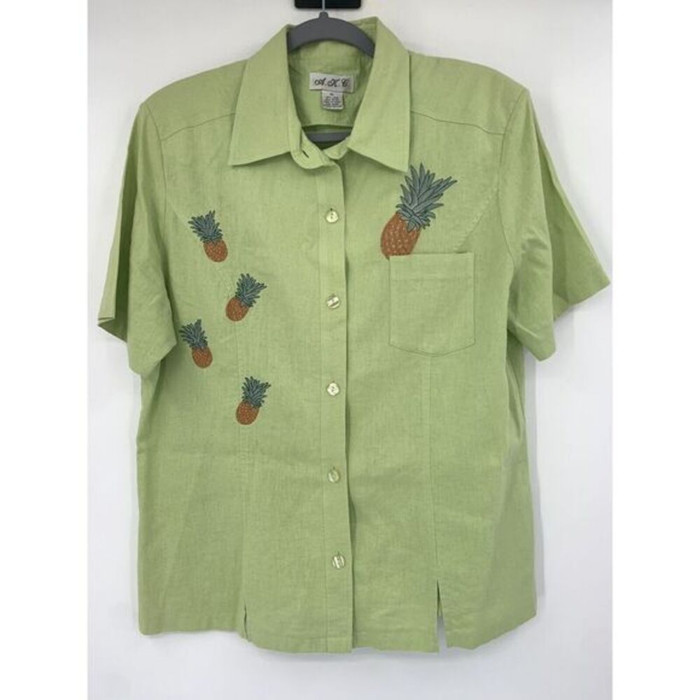 A.K.C. Lime Green Button Up Embroidered Pinapple‎ Women's Blouse Size XL